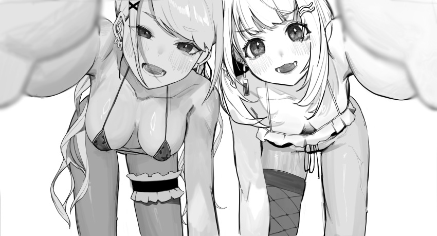 2girls :3 :d absurdres akari_(gurennragenn) bent_over bikini blush breasts bridal_garter downblouse ear_piercing earrings foreshortening frilled_bikini frills front-tie_bikini_top front-tie_top greyscale gyaru hair_ornament hairclip half-closed_eyes hanging_breasts highres jewelry kaminari_qpi lightning_bolt_piercing long_hair looking_at_viewer medium_breasts medium_hair micro_bikini monochrome multiple_girls open_mouth outstretched_arm piercing print_bikini reaching reaching_towards_viewer shiranami_ramune simple_background single_earring single_thighhigh smile swept_bangs swimsuit thighhighs very_long_hair virtual_youtuber vspo! white_background x_hair_ornament