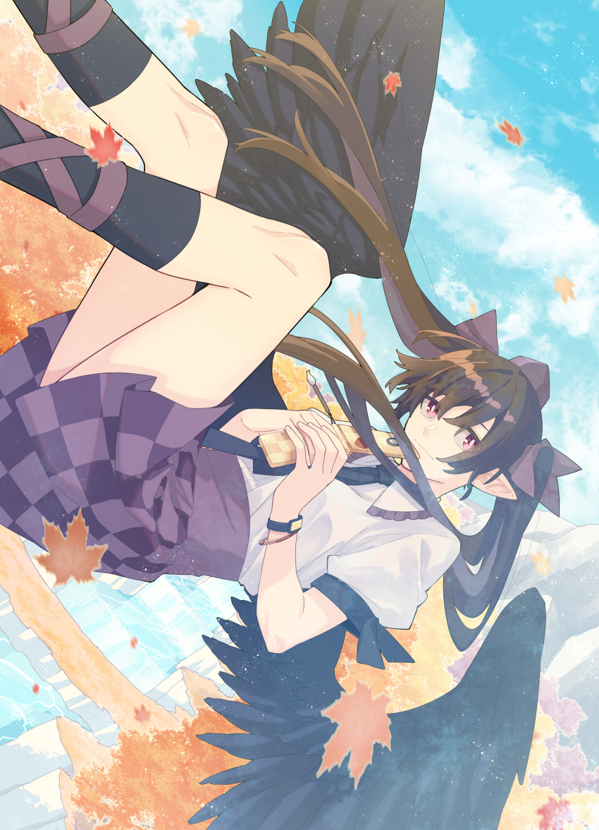 1girl absurdres autumn_leaves black_necktie black_socks blue_sky brown_hair cellphone checkered_clothes checkered_skirt closed_mouth cloud commentary_request feet_out_of_frame flying hat highres himekaidou_hatate holding holding_phone ko_kita leaf long_hair looking_at_viewer maple_leaf necktie phone pink_eyes pointy_ears puffy_short_sleeves puffy_sleeves purple_headwear shirt short_sleeves skirt sky socks solo tokin_hat touhou twintails white_shirt