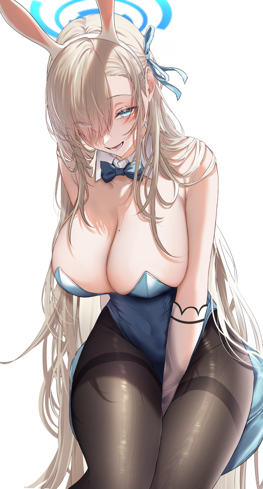 1girl absurdres animal_ears arm_between_legs asuna_(blue_archive) asuna_(bunny)_(blue_archive) bare_shoulders blonde_hair blue_archive blue_bow blue_bowtie blue_halo blue_leotard blue_ribbon bow bowtie breasts brown_pantyhose chair cleavage commentary_request detached_collar eyes_visible_through_hair fake_animal_ears hair_over_one_eye hair_over_shoulder hair_ribbon halo highres large_breasts leotard long_hair looking_at_viewer mole mole_on_breast official_alternate_costume on_chair onineko-chan open_mouth pantyhose playboy_bunny rabbit_ears ribbon simple_background sitting smile solo very_long_hair white_background