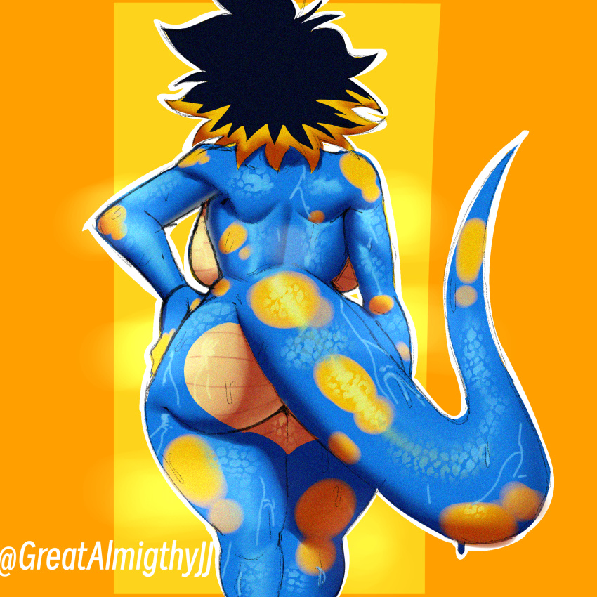 anthro black_hair blue_body blue_scales bodily_fluids breasts butt female greatalmightyjj hair hand_on_hip hi_res highlights_(coloring) lizard nude orange_background orange_highlights reptile scales scalie side_boob simple_background solo sweat voluptuous_female