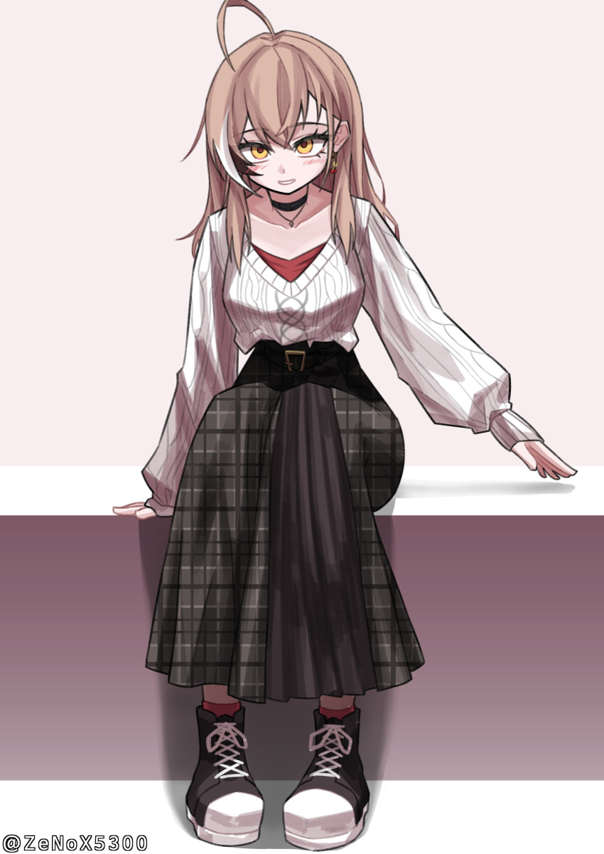 1girl absurdres ahoge berry black_choker brown_eyes brown_footwear brown_hair brown_skirt choker crossed_bangs double-parted_bangs earrings food-themed_earrings grin hair_between_eyes high_tops highres hololive hololive_english jewelry long_hair long_skirt looking_at_viewer multicolored_hair nanashi_mumei nanashi_mumei_(3rd_costume) necklace official_alternate_costume plaid plaid_skirt pleated_skirt red_shirt red_socks shirt shoes sitting skirt sleeves_past_wrists smile sneakers socks streaked_hair sweater virtual_youtuber white_sweater zenox5300