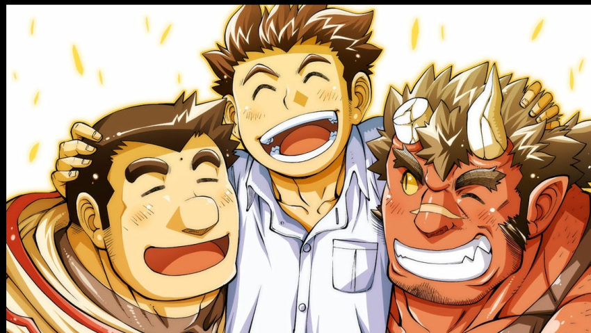 3boys bara beard_stubble black_bodysuit black_border blush bodysuit bombom border broken_horn brown_hair closed_eyes collared_shirt colored_sclera colored_skin facial_mark forehead_mark forked_eyebrows game_cg grin hairy holding_another's_head horns hug long_sideburns looking_at_another low_ponytail male_focus mature_male monster_boy multiple_boys muscular muscular_male official_art ogre one_eye_closed oni_horns open_mouth orgus_(f-kare) outline pointy_ears protagonist_(f-kare) red_skin scar scar_on_face scar_on_nose shirt short_hair shoukan_yuusha_to_f-kei_kareshi sideburns simple_background smile sol_(f-kare) thick_eyebrows tusks upper_body white_background white_shirt yellow_outline yellow_sclera