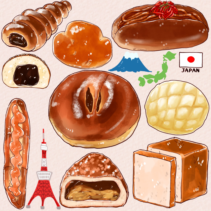 bread bread_slice dessert food food_focus highres japan melon_bread miri_illust mount_fuji no_humans original tokyo_tower tower