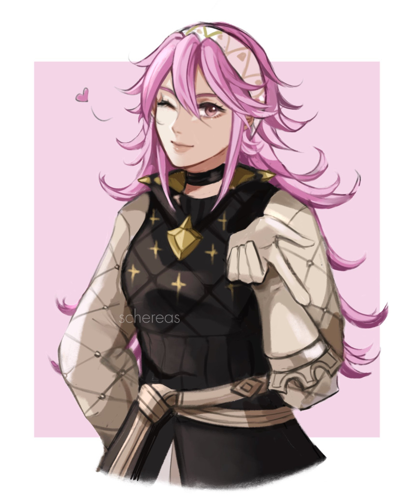 1girl ;) artist_name black_choker choker closed_mouth fire_emblem fire_emblem_fates gambeson gloves hair_between_eyes hairband heart highres long_hair long_sleeves one_eye_closed pink_eyes pink_hair schereas smile soleil_(fire_emblem) solo white_gloves