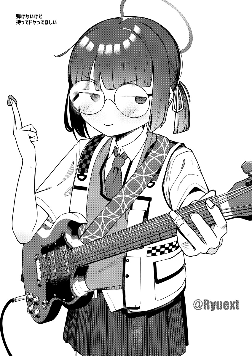 1girl absurdres bandaged_hand bandages blue_archive blush cable closed_mouth collared_shirt electric_guitar glasses greyscale guitar hair_ribbon halo hand_up highres holding holding_guitar holding_instrument holding_plectrum instrument jacket looking_at_viewer millennium_science_school_student_a_(blue_archive) monochrome necktie open_clothes open_jacket pleated_skirt plectrum ribbon round_eyewear shirt short_hair short_sleeves short_twintails skirt smile smug solo standing sweater_vest translation_request twintails twitter_username upper_body v-shaped_eyebrows yaguruma_shima