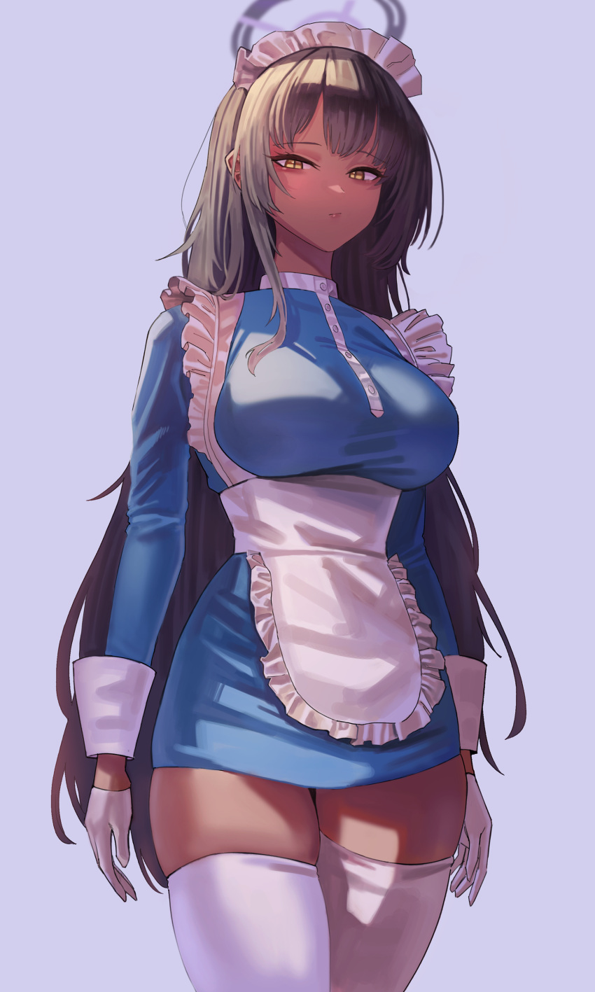 1girl :/ absurdres apron black_hair blue_archive blue_dress breasts dark-skinned_female dark_skin dndosld73832 dress frilled_apron frills gloves half_gloves halo highres karin_(blue_archive) large_breasts long_hair looking_at_viewer maid maid_apron maid_headdress skindentation solo taut_clothes taut_dress thigh_gap thighhighs thighs underbust very_long_hair waist_apron white_apron white_gloves yellow_eyes