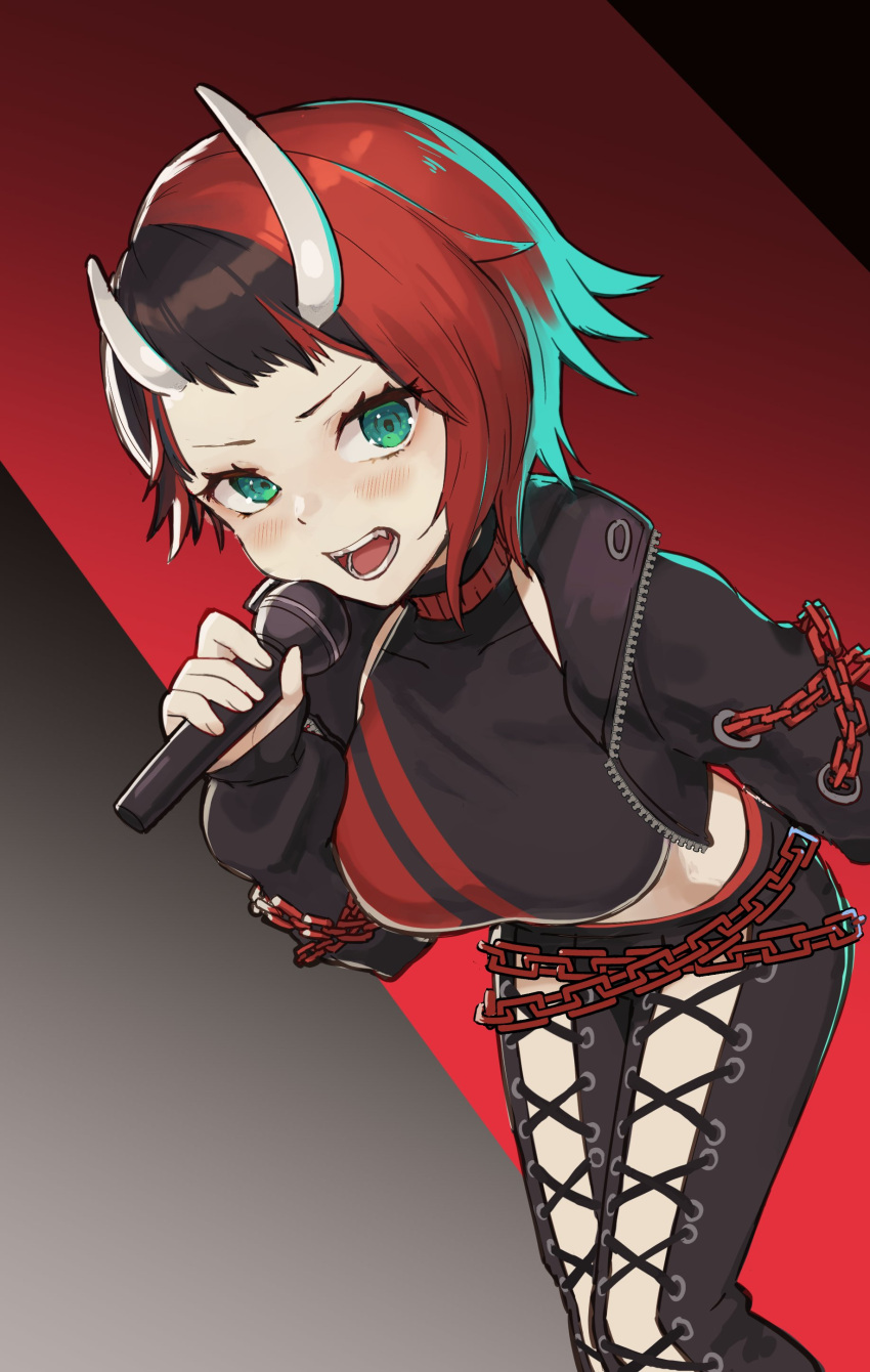 1girl absurdres asymmetrical_horns black_hair black_jacket black_pants black_sports_bra blue_eyes breasts chain commentary_request cropped_jacket cross-laced_pants demon_girl demon_horns feet_out_of_frame gradient_background grey_background highres holding holding_microphone horns jacket kyousei_leica large_breasts long_sleeves looking_at_viewer microphone midriff multicolored_hair nanashi_inc. open_clothes open_jacket open_mouth pants red_background red_hair red_sports_bra ryugasaki_rene ryugasaki_rene_(1st_costume) short_bangs short_hair solo sports_bra two-tone_hair two-tone_sports_bra uneven_horns unzipped virtual_youtuber white_horns