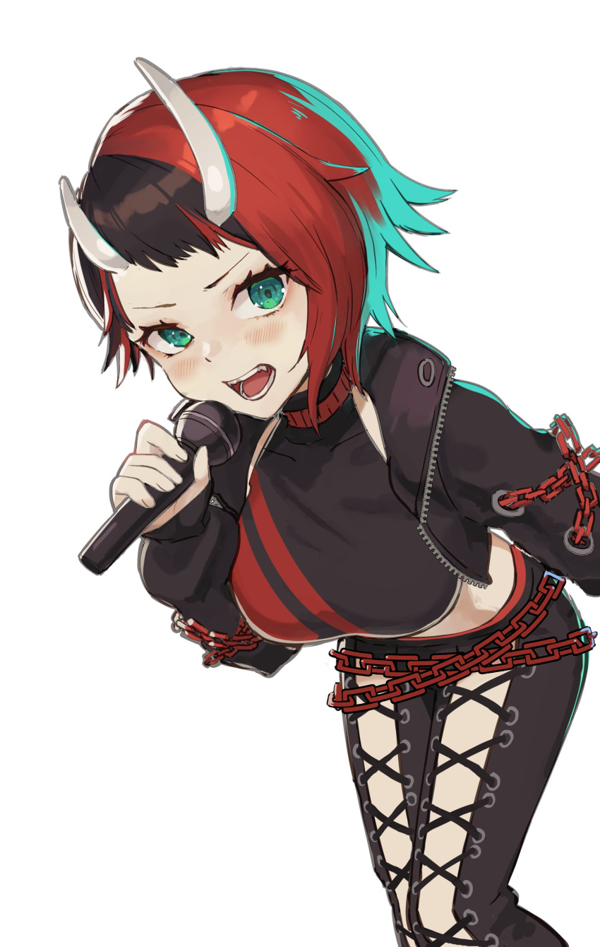 1girl absurdres asymmetrical_horns black_hair black_jacket black_pants black_sports_bra blue_eyes breasts chain commentary_request cropped_jacket cross-laced_pants demon_girl demon_horns feet_out_of_frame highres holding holding_microphone horns jacket kyousei_leica large_breasts long_sleeves looking_at_viewer microphone midriff multicolored_hair nanashi_inc. open_clothes open_jacket open_mouth pants red_hair red_sports_bra ryugasaki_rene ryugasaki_rene_(1st_costume) short_bangs short_hair simple_background solo sports_bra two-tone_hair two-tone_sports_bra uneven_horns unzipped virtual_youtuber white_background white_horns