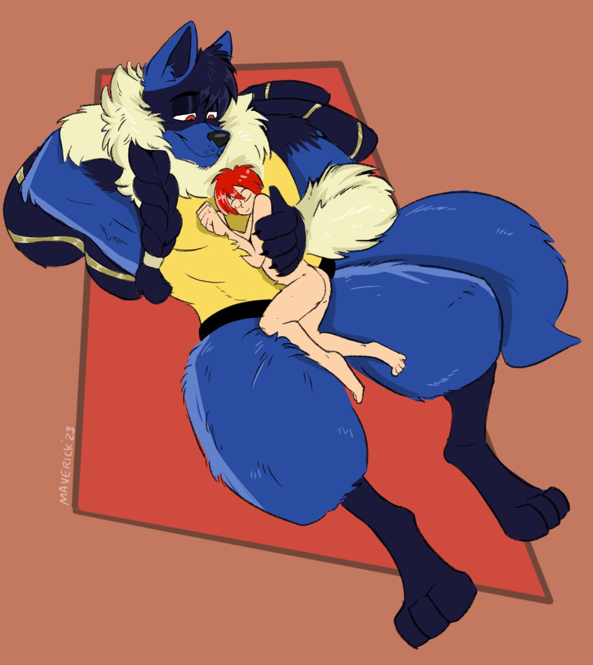 2023 abs anthro anubian_jackal blue_body blue_fur blue_hair butt canid canine canis cuddling dreadlocks duo embrace fur generation_4_pokemon hair hi_res holding_partner hug human human_on_anthro interspecies intimate jackal larger_anthro larger_male lucario lying lying_on_another male male/male mammal maverickk_(artist) multicolored_body multicolored_fur muscular muscular_anthro muscular_male nintendo nude pecs pokemon pokemon_(species) pokephilia red_hair signature size_difference sleeping smaller_human smaller_male yellow_body yellow_fur