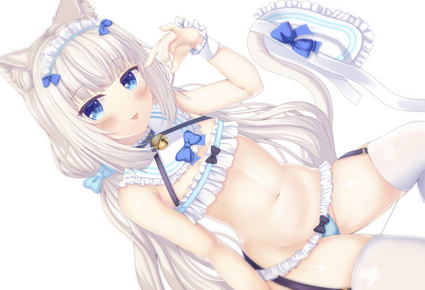1girl :3 animal_ear_fluff animal_ears apron arm_at_side bell bikini black_bow blue_bow blue_eyes blunt_bangs blush bow cat_ears cat_girl cat_tail commentary_request dutch_angle eyelashes fellatio_gesture flat_chest frilled_apron frilled_bikini frilled_cuffs frills groin hair_bow hand_up highres jingle_bell long_hair looking_at_viewer low_twintails maid maid_headdress micro_bikini midriff navel neck_bell nekopara official_alternate_costume shiny_skin sidelocks sitting solo stomach swimsuit tail thighhighs thighs tongue tongue_out twintails unworn_apron vanilla_(nekopara) very_long_hair white_apron white_hair white_thighhighs white_wrist_cuffs yuzuki_yuki_(another_yuki)