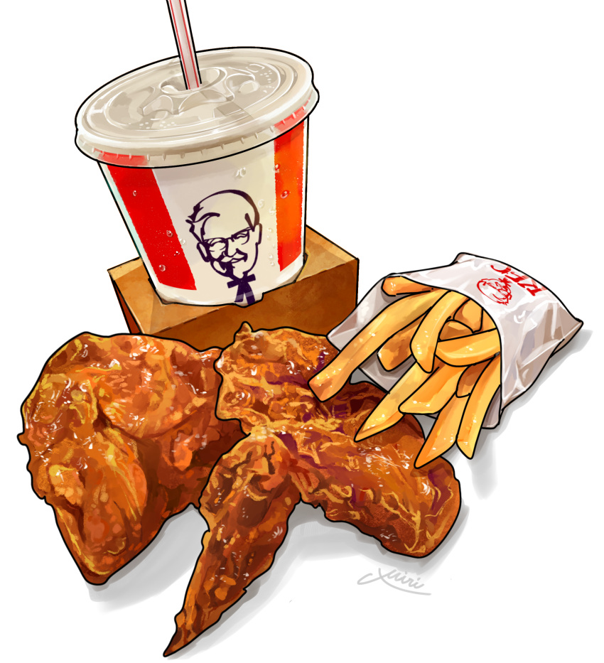 absurdres chicken_(food) cup disposable_cup drinking_straw food food_focus french_fries fried_chicken highres kfc miri_illust no_humans original