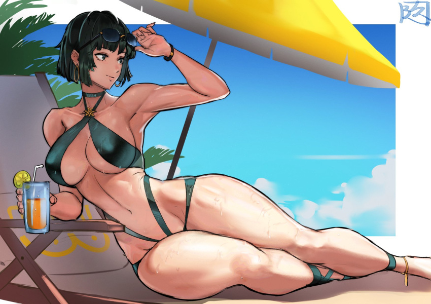 1girl beach_umbrella bikini blue_sky bracelet breasts chair cup earrings eyewear_on_head fubuki_(one-punch_man) green_bikini green_eyes green_hair highres holding holding_cup hoop_earrings jewelry juaag_acgy large_breasts light_smile lounge_chair navel one-punch_man outdoors short_hair sky solo sunbathing sweat swimsuit umbrella wide_hips