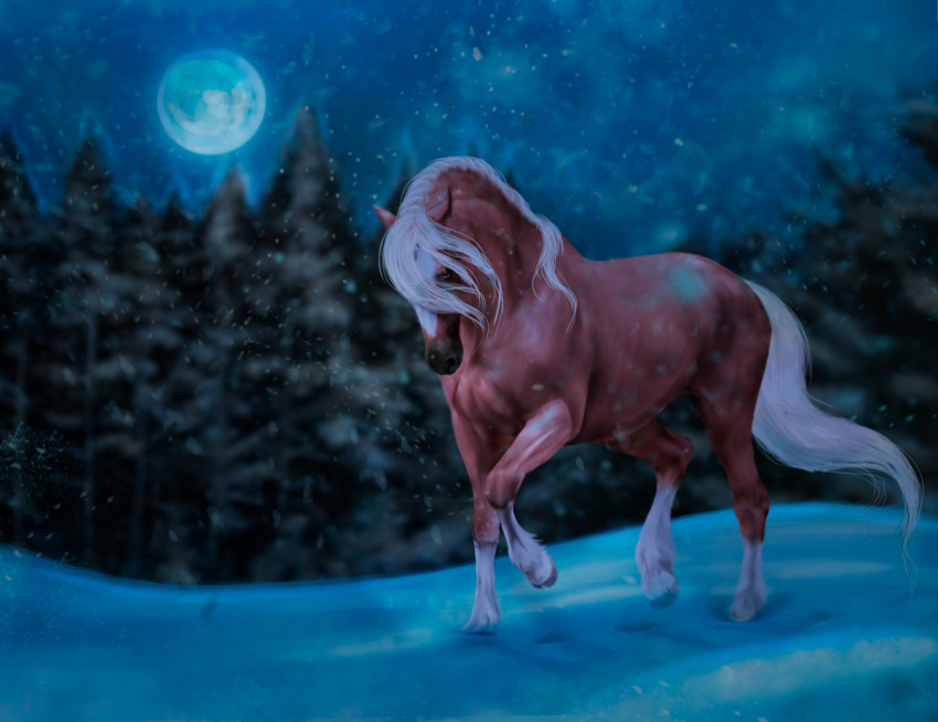 amber18db blue_eyes dolehest equid equine feral full_moon horse looking_ahead male mammal maxym_(bloopertrooper) moon night plant snow solo tree wind