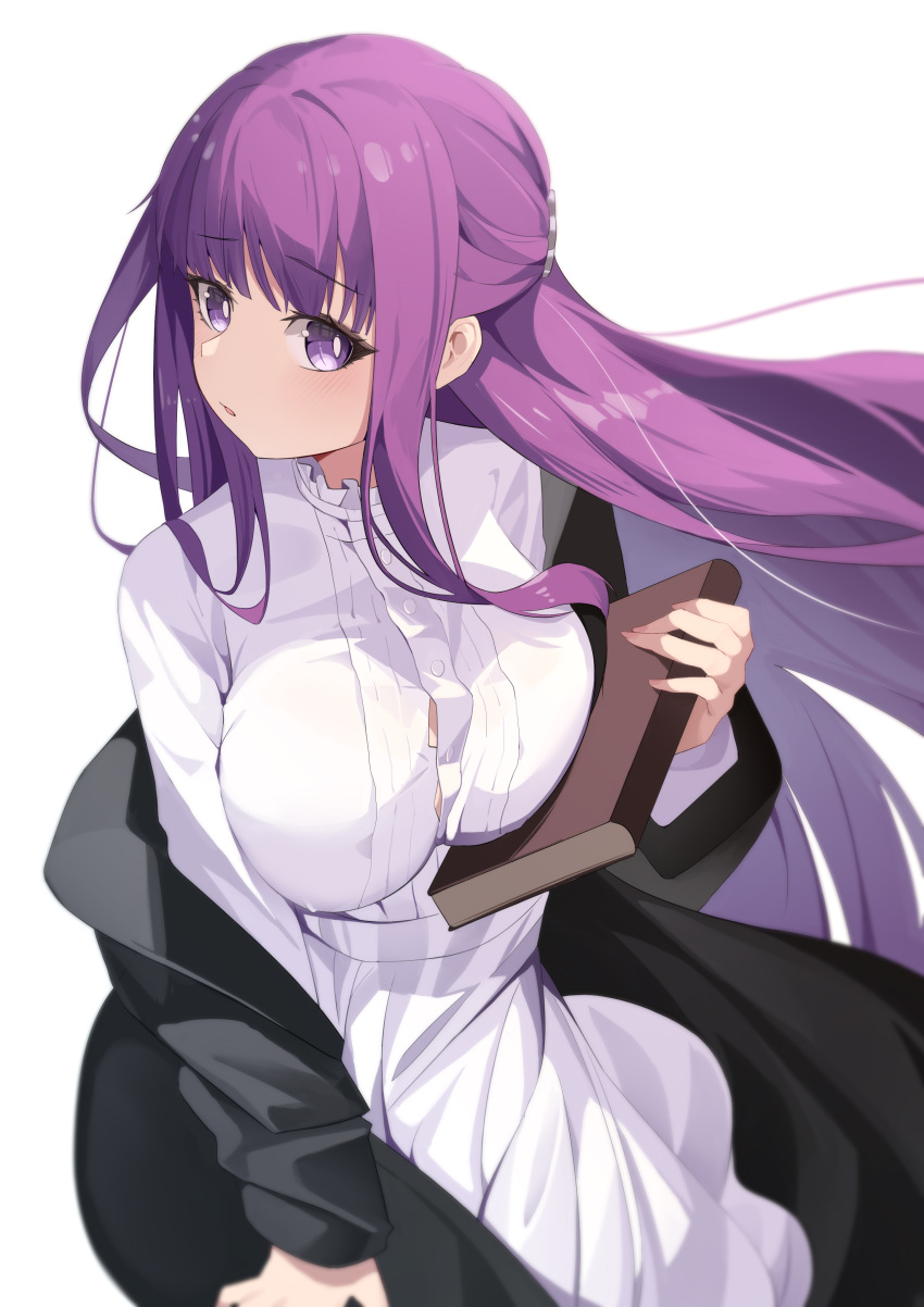 1girl absurdres black_coat black_robe blunt_bangs blush book breast_press breasts closed_mouth coat collar dowal dress fern_(sousou_no_frieren) frilled_collar frills highres holding holding_book large_breasts long_hair long_sleeves looking_at_viewer partially_unbuttoned purple_eyes purple_hair robe sidelocks simple_background solo sousou_no_frieren straight_hair white_dress