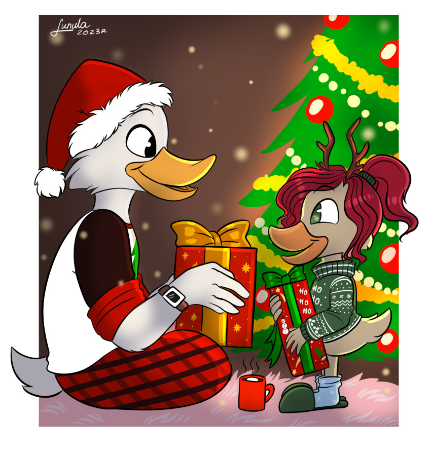 adopted_(lore) adopted_daughter_(lore) anatid anseriform anthro avian beverage bird bottomless bottomless_anthro bottomless_female candy chocolate christmas christmas_clothing christmas_decorations christmas_headwear christmas_lights christmas_ornament christmas_present christmas_shirt christmas_sweater christmas_topwear clothed clothing comfy cozy darkwing_duck daughter_(lore) dessert disney drake_mallard duck ducktales ducktales_(2017) duo father_(lore) father_and_child_(lore) father_and_daughter_(lore) female food footwear gift gosalyn_mallard gosalyn_waddlemeyer hair hat headgear headwear hi_res holiday_clothing holiday_dressed holiday_lights holidays hot_chocolate long_hair lunula_(artist) male marshmallow pajama_pants parent_(lore) parent_and_child_(lore) parent_and_daughter_(lore) red_hair reindeer_antlers santa_hat shirt signature slippers smile socks sweater teenager topwear wholesome young