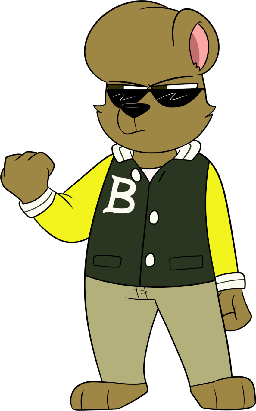 2017 3_toes 4_fingers anthro barefoot bear biped black_eyebrows black_eyewear black_nose black_sunglasses bottomwear brown_body brown_ears brown_eyes brown_fur brown_hair brown_tuft chokovit_(artist) clothed clothed_anthro clothed_male clothing colored digital_drawing_(artwork) digital_media_(artwork) eyebrows eyewear feet fingers fist front_view full-length_portrait fur green_clothing green_jacket green_topwear hair hi_res jacket letterman_jacket male male_anthro mammal pants pink_inner_ear portrait round_ears solo standing sunglasses tan_bottomwear tan_clothing tan_pants text text_on_clothing text_on_jacket text_on_topwear toes topwear viktor_ivanovitch white_text