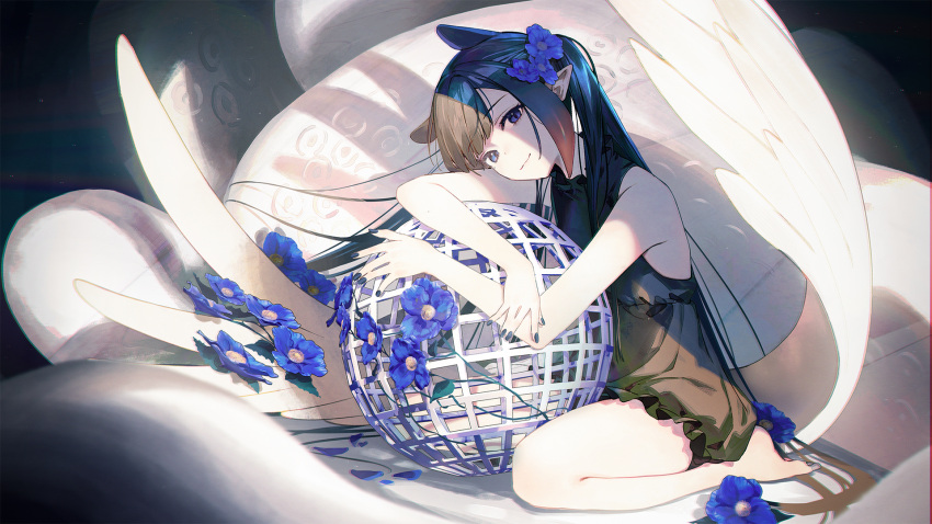 1girl ball barefoot black_dress dress flower highres hololive hololive_english looking_at_viewer ninomae_ina'nis ninomae_ina'nis_(artist) official_art pointy_ears purple_eyes purple_hair simple_background sitting solo virtual_youtuber wings