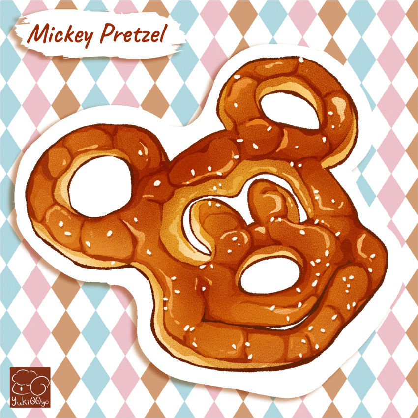 argyle argyle_background bread disney food food_focus foodification highres mickey_mouse no_humans original pretzel yuki00yo