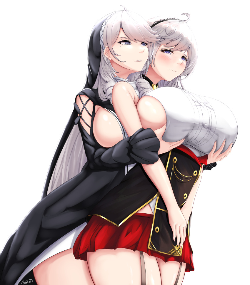 2girls absurdres ahoge algerie_(azur_lane) algerie_(meta)_(azur_lane) azur_lane blush breasts commission english_commentary gold_trim grabbing grabbing_another's_breast grabbing_from_behind grey_hair highres huge_breasts long_hair miniskirt mole mole_under_eye multiple_girls musanix purple_eyes red_skirt sideboob signature skirt very_long_hair yuri