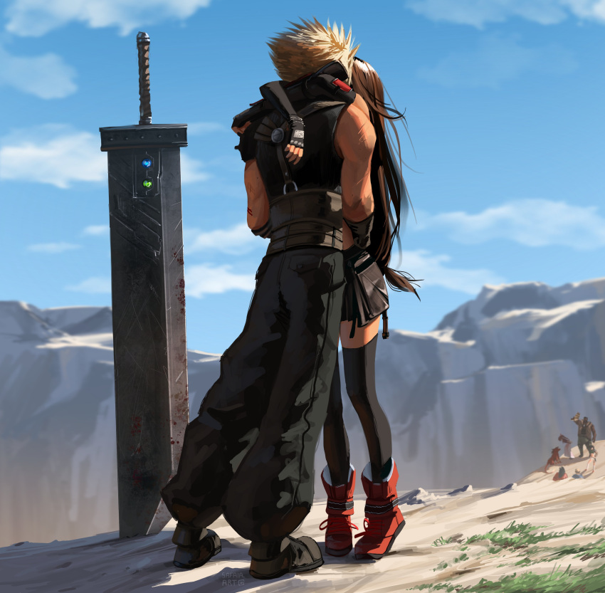 3girls 5boys absurdres aerith_gainsborough arms_around_neck baggy_pants bare_shoulders barret_wallace black_gloves black_hair black_skirt black_thighhighs blonde_hair blue_sky brown_hair buster_sword cid_highwind cloud cloud_strife cloudy_sky commentary couple elbow_gloves english_commentary final_fantasy final_fantasy_vii final_fantasy_vii_rebirth final_fantasy_vii_remake fingerless_gloves from_behind full_body gloves highres hug huge_weapon implied_kiss kiss long_hair low-tied_long_hair materia midriff mountainous_horizon multiple_boys multiple_girls outdoors pants planted planted_sword red_footwear red_xiii safaiaart single_bare_shoulder skirt sky spiked_hair standing suspender_skirt suspenders sword thighhighs tifa_lockhart very_long_hair vincent_valentine weapon yuffie_kisaragi zettai_ryouiki