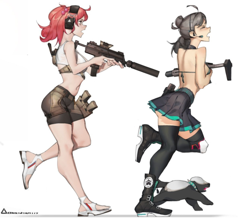 2girls aac_honey_badger ahoge animal artist_name assault_rifle bike_shorts bikini boots breasts closed_eyes crop_top ear_protection earpiece from_side girls'_frontline grey_hair gun h&amp;k_mp7 hair_ornament holding holding_gun holding_weapon honey_badger honey_badger_(girls'_frontline) medium_breasts medium_hair mp7_(girls'_frontline) multiple_girls navel open_mouth pleated_skirt red_hair rifle rosetta(obsidian117) running sandals scope skirt submachine_gun suppressor swimsuit weapon white_background yellow_eyes