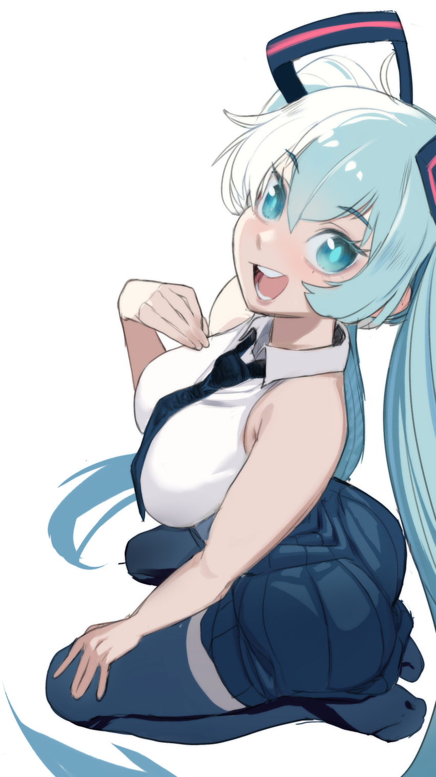 1girl absurdres aqua_eyes aqua_hair ass bare_shoulders black_skirt blush breasts collared_shirt commentary hair_between_eyes hair_ornament hand_on_own_thigh hatsune_miku highres large_breasts long_hair looking_at_viewer looking_up necktie open_mouth pleated_skirt seiza shirt sho-n-d simple_background sitting skirt sleeveless sleeveless_shirt smile solo teeth thighhighs tongue twintails very_long_hair vocaloid white_background white_shirt