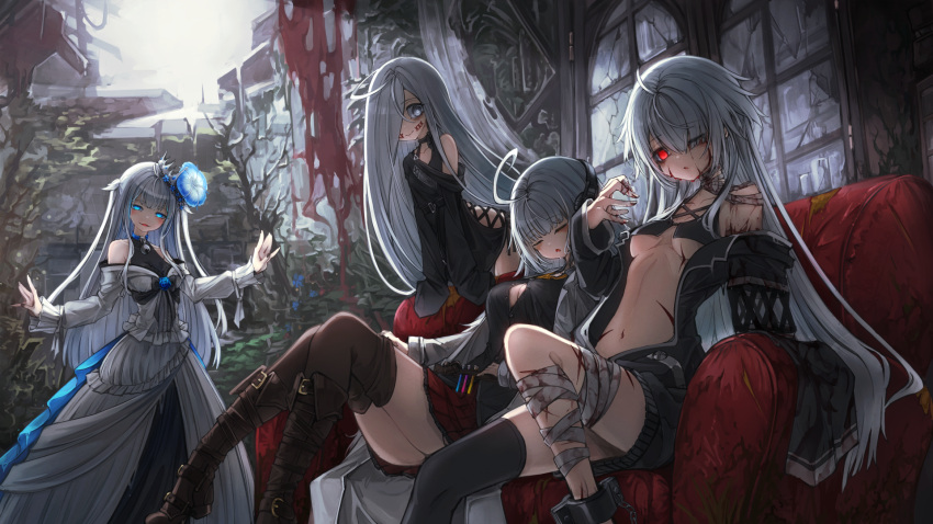 4girls bandaged_leg bandaged_neck bandages bell black_nails black_thighhighs blue_eyes blunt_bangs breasts closed_eyes collar crown cuffs dress grey_eyes grey_hair hair_over_one_eye highres injury jacket kajaneko long_hair looking_at_viewer medium_breasts multiple_girls navel neck_bell off_shoulder one_eye_closed open_clothes open_jacket original pleated_skirt red_eyes shackles sitting skirt small_breasts thighhighs