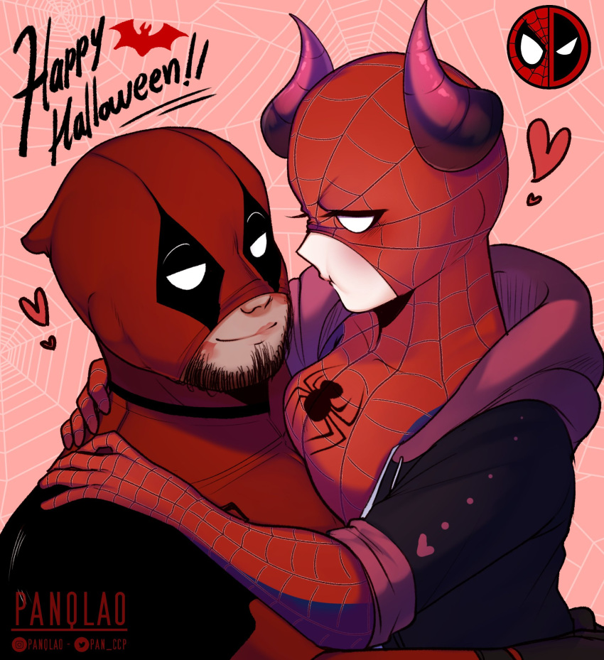 1boy 1girl artist_name beard black_bodysuit blush bodysuit breasts closed_mouth copyright_request cosplay deadpool deadpool_(cosplay) facial_hair happy_halloween heart hetero highres hood hood_down horns hug large_breasts looking_at_another marvel original pan_(panqlao) panqlao red_bodysuit smile spider-man spider-man_(cosplay) spider-man_(series)