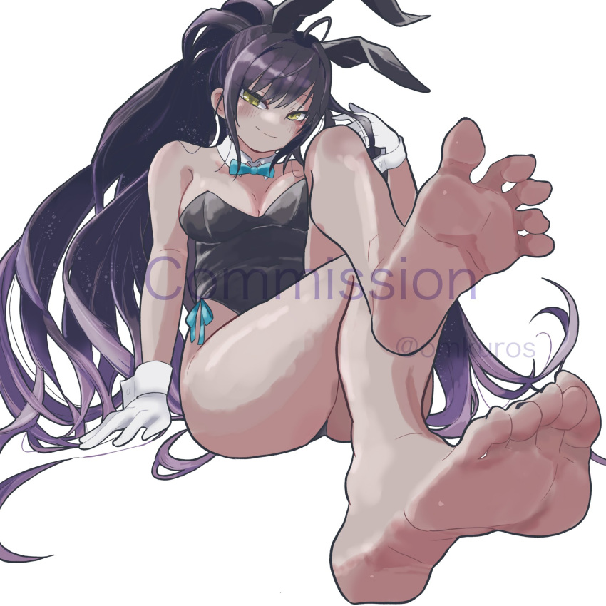 1girl ahoge animal_ears bare_legs bare_shoulders barefoot black_leotard black_nails blue_archive blush breasts closed_mouth commission fake_animal_ears feet foot_focus foot_up foreshortening full_body gloves gradient_hair highleg highleg_leotard highres karin_(blue_archive) knees_up large_breasts legs leotard long_hair looking_at_viewer multicolored_hair nail_polish no_shoes omkuros playboy_bunny purple_hair simple_background smile soles solo spread_toes strapless strapless_leotard thighs toenail_polish toenails toes twitter_username very_long_hair watermark white_background white_gloves yellow_eyes