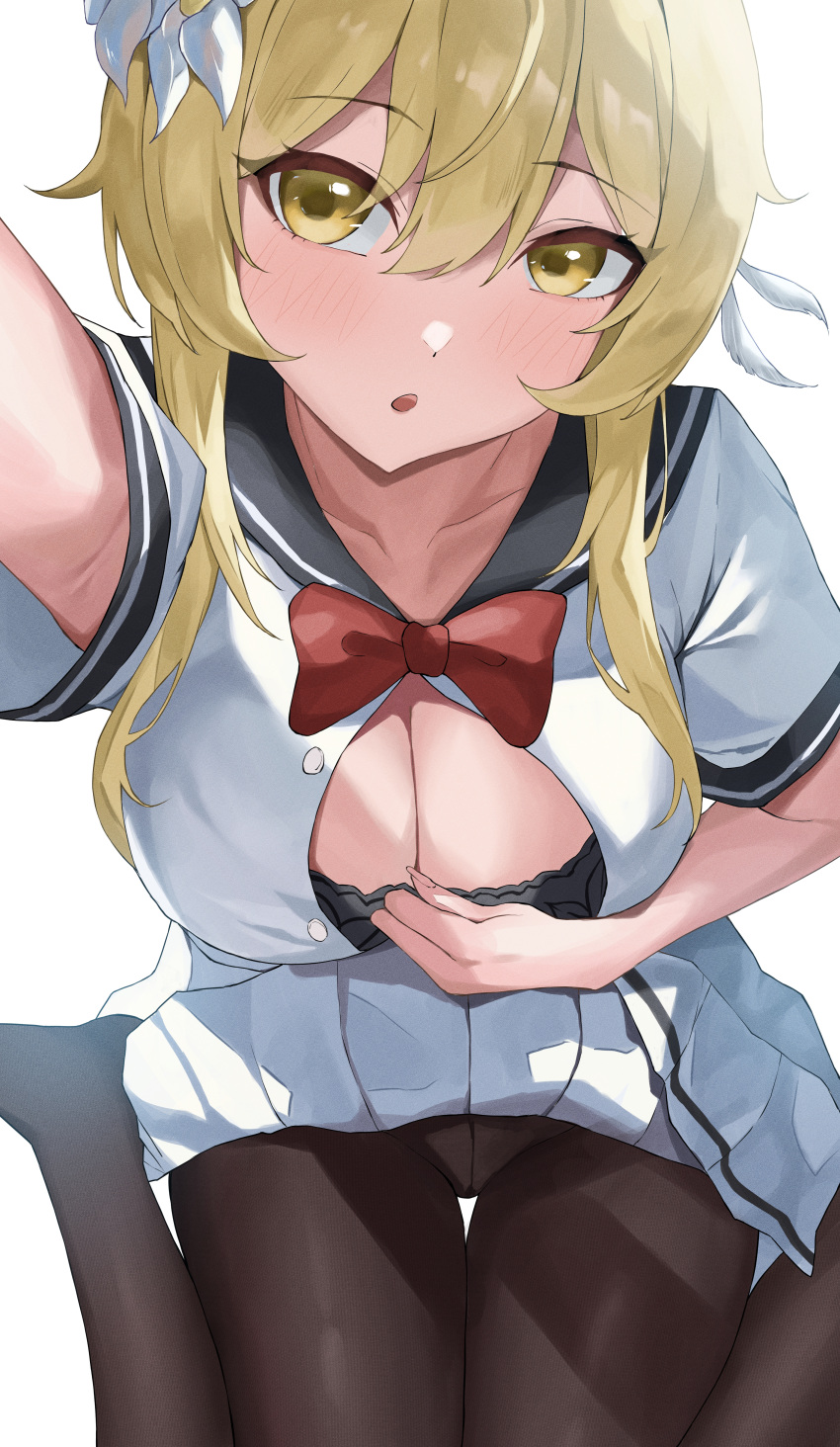 1girl :o absurdres arm_up armpit_peek black_bra black_pantyhose blonde_hair blush bow bowtie bra breasts cleavage commentary_request genshin_impact head_tilt higashiwun_izumi highres large_breasts looking_at_viewer lumine_(genshin_impact) pantyhose pleated_skirt red_bow red_bowtie school_uniform selfie serafuku simple_background sitting skirt skirt_flip solo thigh_gap underwear up_sleeve wariza white_background white_serafuku