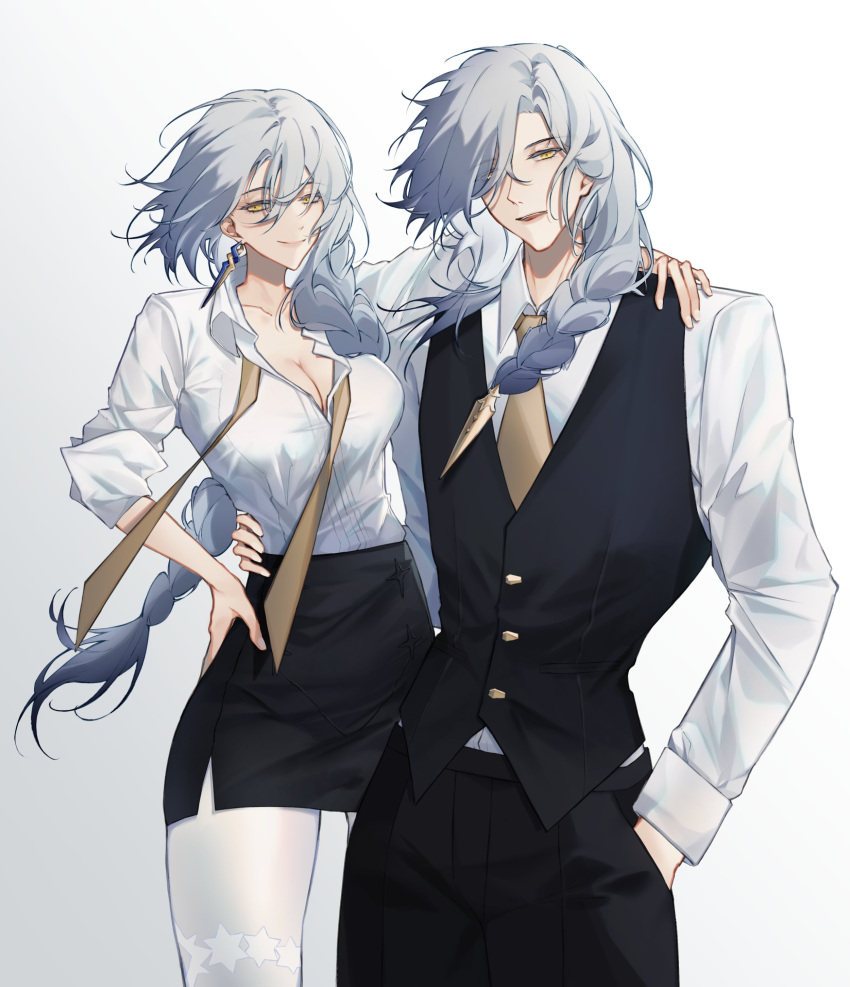 1boy 1girl absurdres black_pants black_skirt black_vest braid braided_ponytail breasts business_suit character_request cleavage closed_mouth collarbone earrings feet_out_of_frame girls'_frontline girls'_frontline_neural_cloud grey_hair hand_in_pocket hand_on_another's_shoulder hand_on_own_hip highres jewelry lips long_hair long_sleeves looking_at_viewer lord_eosphoros_(neural_cloud) medium_breasts necktie open_mouth pants pantyhose shinyuxo shirt skirt sleeves_rolled_up smile standing suit vest white_background white_pantyhose white_shirt yellow_eyes yellow_necktie