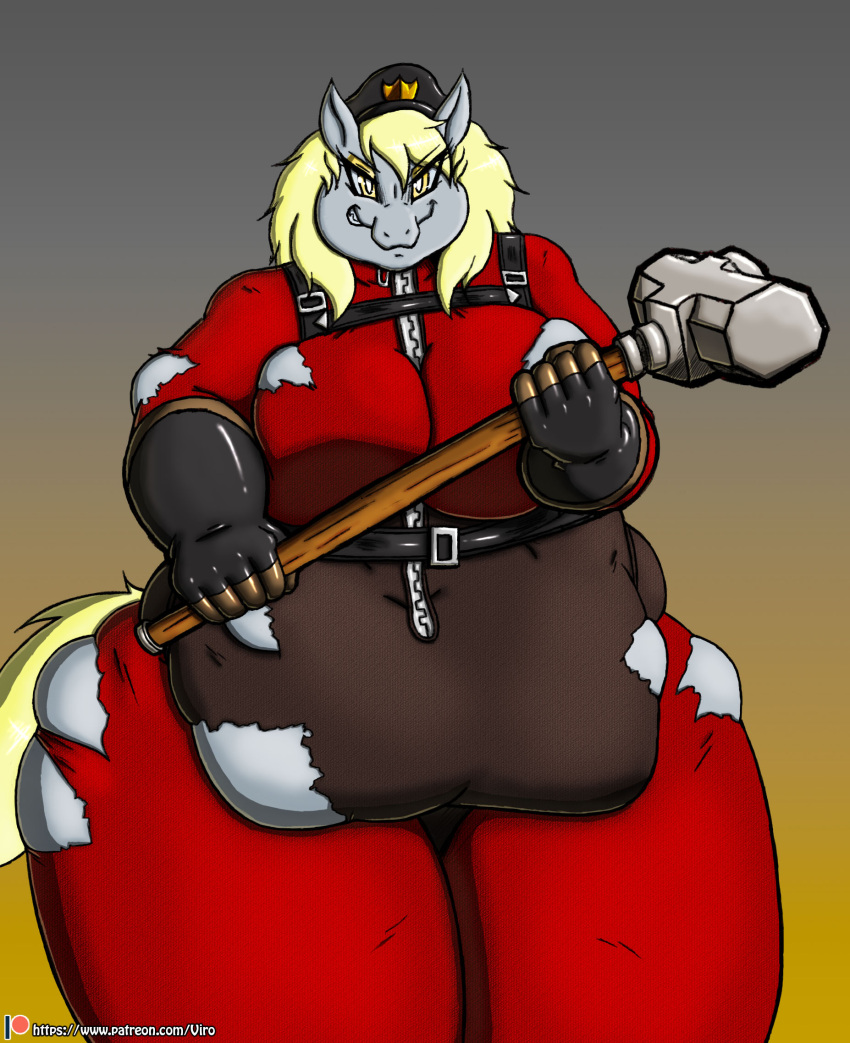 2018 anthro belly big_belly big_breasts blonde_hair bottomwear breasts clothing derpy_hooves_(mlp) digital_media_(artwork) equid equine female friendship_is_magic fur gloves grey_body grey_fur hair hammer handwear hasbro headgear headwear hi_res horse huge_breasts huge_thighs mammal my_little_pony obese obese_anthro obese_female overweight overweight_anthro overweight_female pants pony solo thick_thighs tools topwear torn_bottomwear torn_clothing torn_pants torn_topwear viroveteruscy weapon yellow_eyes