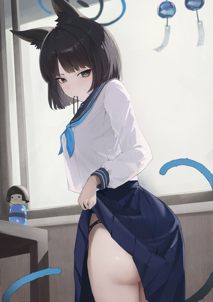 1girl absurdres animal_ear_fluff animal_ears ass black_eyes black_hair black_panties blue_archive blue_halo blue_neckerchief blue_sailor_collar blue_skirt cat_ears cat_tail clothes_lift commentary_request doll gmi_(jimmyovob) halo highres indoors kikyou_(blue_archive) lifted_by_self long_sleeves looking_at_viewer mouth_hold multiple_tails neckerchief paid_reward_available panties pleated_skirt sailor_collar school_uniform shirt short_hair skirt skirt_lift solo table tail twisted_torso two_tails underwear white_shirt wind_chime window
