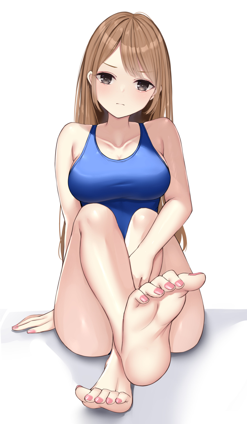 1girl absurdres barefoot blue_one-piece_swimsuit breasts brown_eyes brown_hair collarbone competition_swimsuit feet foot_focus foot_up foreshortening highres knees_up legs long_hair looking_at_viewer medium_breasts nail_polish ncontrail_(mgax7527) one-piece_swimsuit original simple_background sitting soles solo swimsuit toe_scrunch toenail_polish toenails toes white_background