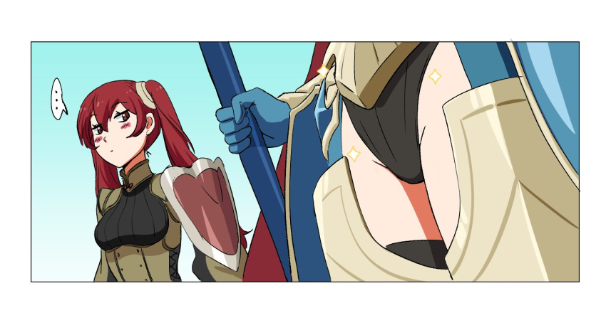... 2girls armor black_panties blush border english_commentary fire_emblem fire_emblem_awakening fire_emblem_heroes hair_between_eyes long_hair looking_at_another lucina_(fate's_resolve)_(fire_emblem) lucina_(fire_emblem) multiple_girls official_alternate_costume panties red_eyes red_hair severa_(fire_emblem) shoulder_armor sinccubi thighs twintails underwear white_border yuri