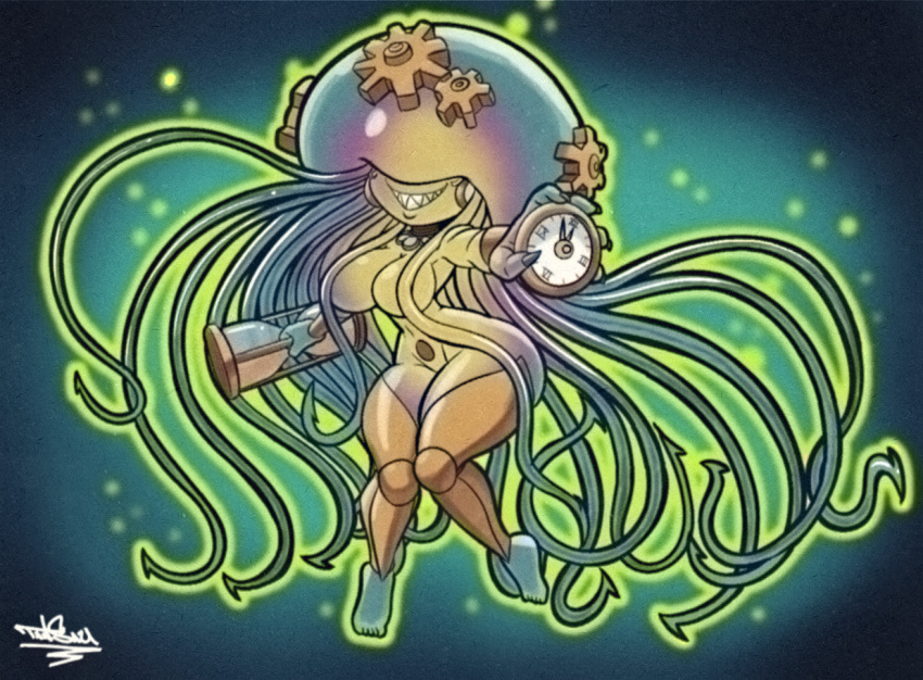 anthro big_breasts big_butt bioluminescence breasts butt clock cnidarian collar covered_eyes curvy_figure female gear glowing hourglass_(object) hourglass_figure huge_butt huge_hips jellyfish leg_armor marine medusozoan mostly_nude multicolored_body nails navel non-mammal_breasts non-mammal_navel sharp_nails sharp_teeth small_waist smile smiling_at_viewer solo tansau teeth tentacles wasp_waist