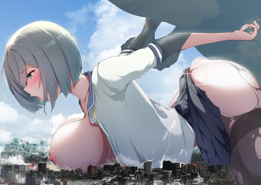 1boy 1girl arms_behind_back blush breasts city clothed_female_nude_male clothed_sex commission cum dermar destruction giant giant_male giantess hair_ornament hairclip hamakaze_(kancolle) heart heart-shaped_pupils hetero highres holding_another's_arm kantai_collection large_breasts nude open_clothes open_mouth open_shirt pantyhose sex sex_from_behind short_hair skeb_commission symbol-shaped_pupils tongue torn_clothes torn_pantyhose white_hair
