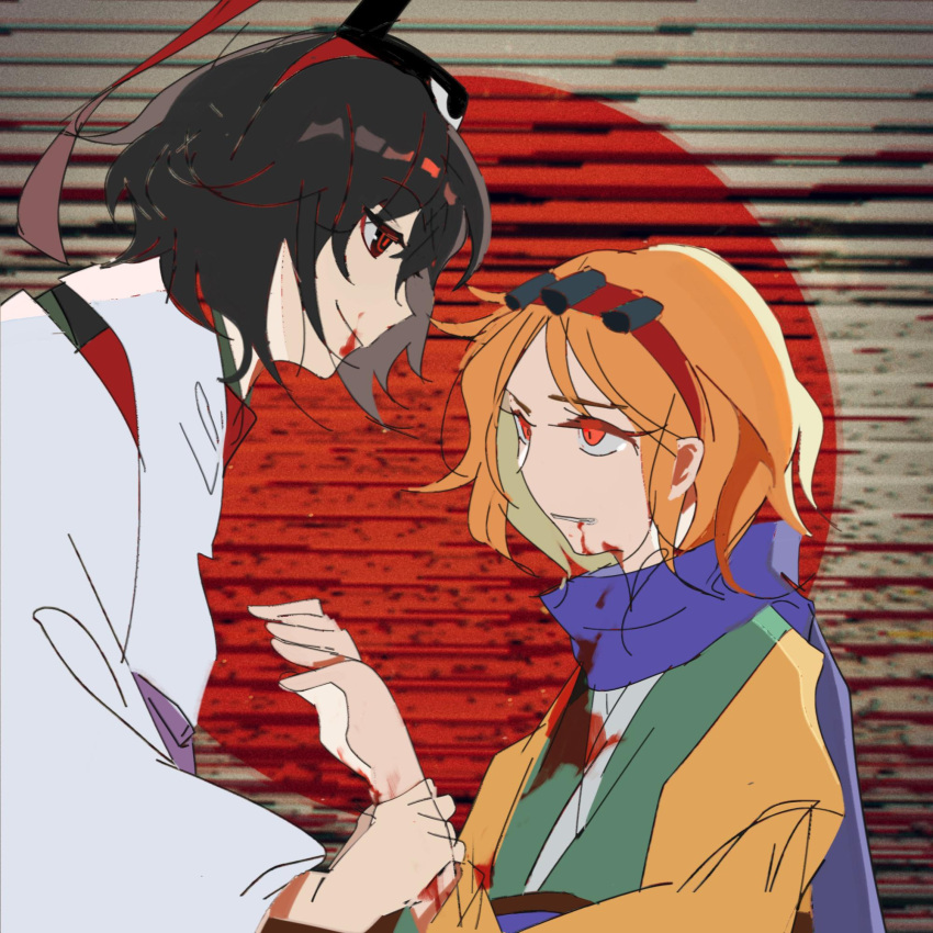 2others androgynous ascot black_hair blood blood_on_clothes blood_on_face blood_on_hands blue_scarf chinese_commentary closed_mouth cocopalm commentary_request detached_sleeves green_kimono hairband highres holding_another's_wrist jacket japanese_clothes kimono len'en long_sleeves multiple_others open_clothes open_jacket orange_eyes orange_hair other_focus red_eyes red_hairband scarf senri_tsurubami shirt short_hair sketch smile white_shirt yellow_ascot zuifeng_tenkai