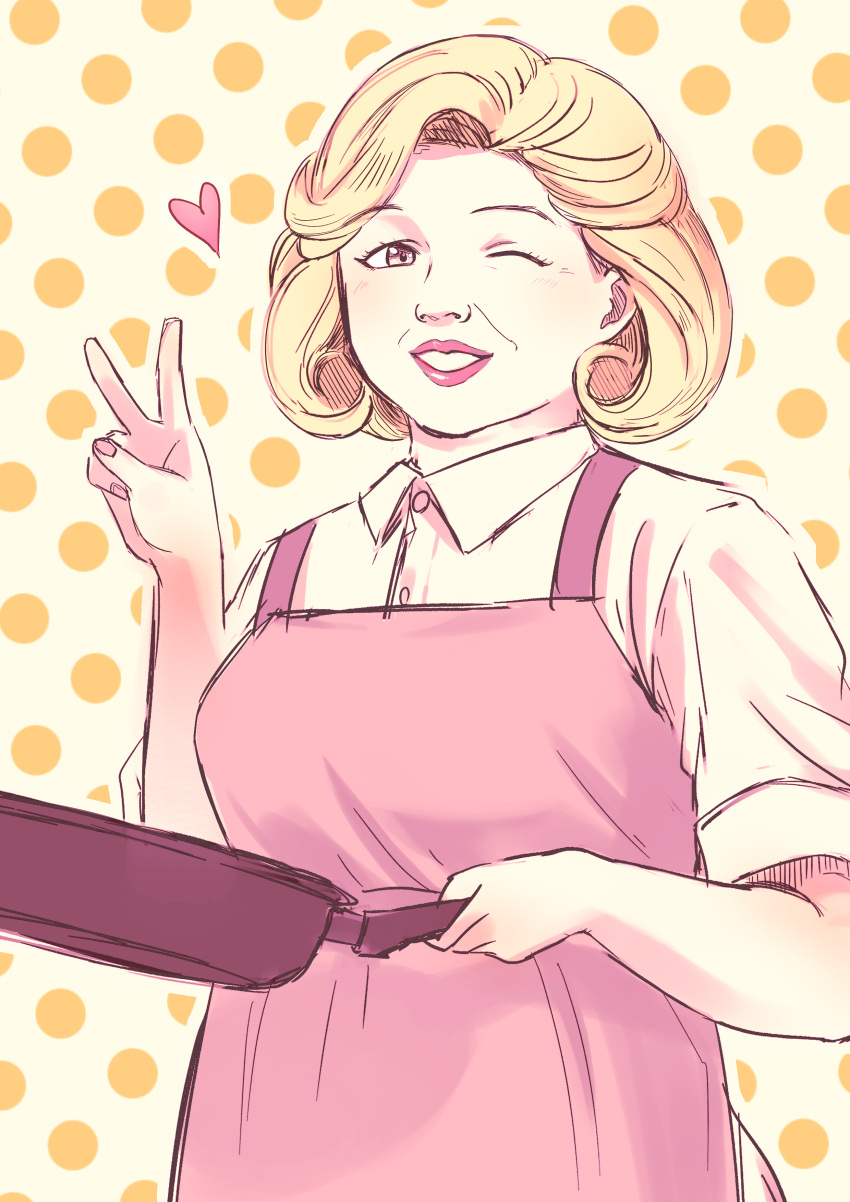 1girl absurdres apron blonde_hair hanasaki774 highres holding_pan lipstick looking_at_viewer makeup medium_hair migi_to_dali old old_woman one_eye_closed pink_apron polka_dot polka_dot_background shirt short_sleeves smile solo sonoyama_youko standing v white_shirt