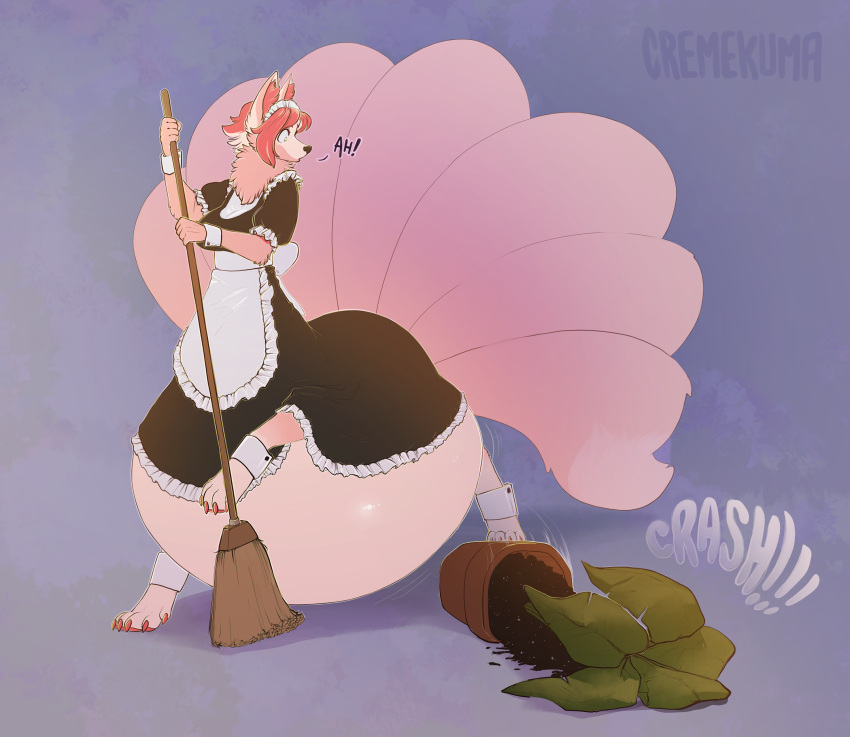 7_tails absurd_res belly big_belly broom canid canid_taur canine canine_taur cleaning_tool clothing cremekuma female fox fox_taur hair hi_res huge_belly maid_headdress maid_uniform mammal mammal_taur multi_tail paws pink_body pink_hair plant plant_pot potted_plant solo tail taur uniform