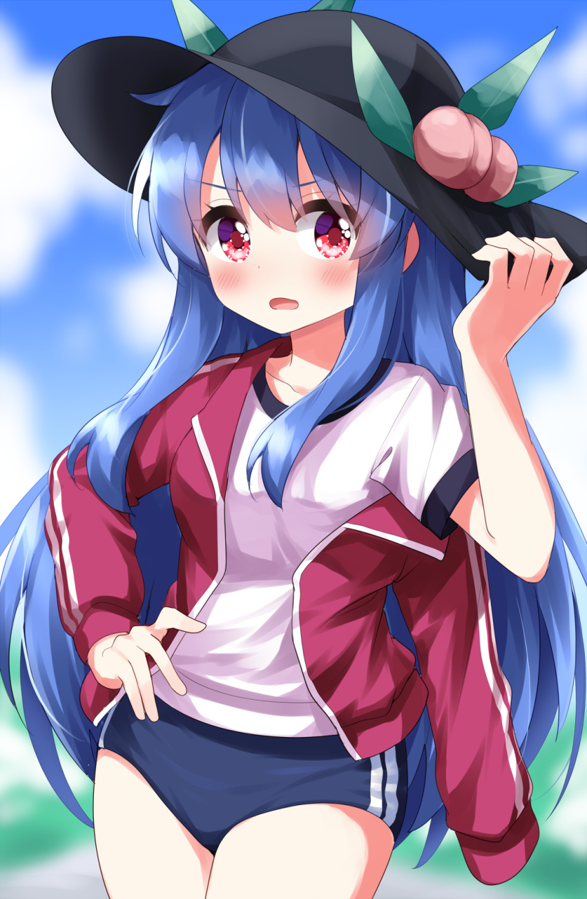 1girl alternate_costume black_buruma black_headwear blue_hair blurry blurry_background buruma commentary_request cowboy_shot hand_on_headwear highres hinanawi_tenshi jacket leaf long_hair looking_at_viewer open_clothes open_jacket open_mouth outdoors peach_hat_ornament red_eyes red_jacket ruu_(tksymkw) shirt short_sleeves solo touhou track_jacket white_shirt