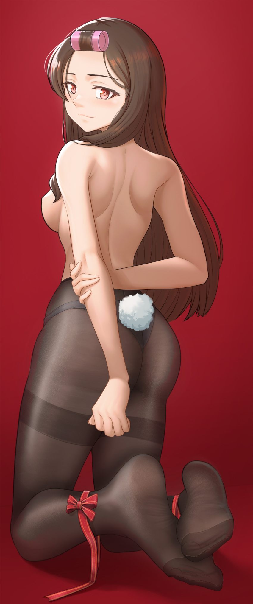 1girl absurdres bare_arms bare_back bare_shoulders black_hair black_panties black_pantyhose fake_tail feet full_body ghhoward highres legs long_hair no_bra no_shoes original panties panties_under_pantyhose pantyhose playboy_bunny rabbit_tail red_eyes red_ribbon ribbon soles tail thighband_pantyhose toes underwear