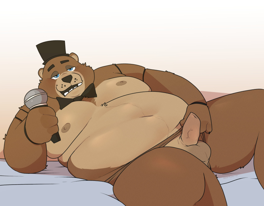 2023 absurd_res anthro balls bear belly big_belly black_nose blue_eyes bow_tie brown_body clothing electronics erection five_nights_at_freddy's freddy_(fnaf) genitals hat headgear headwear hi_res kemono male mammal microphone moobs navel nipples overweight overweight_male penis qqmelon888 scottgames solo