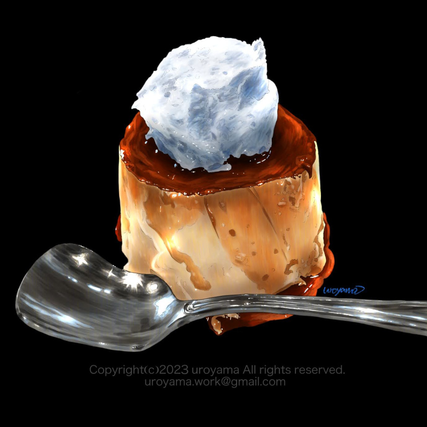 artist_name black_background copyright_notice email_address food food_focus highres no_humans original pudding simple_background spoon uroyama_(macrophage) whipped_cream