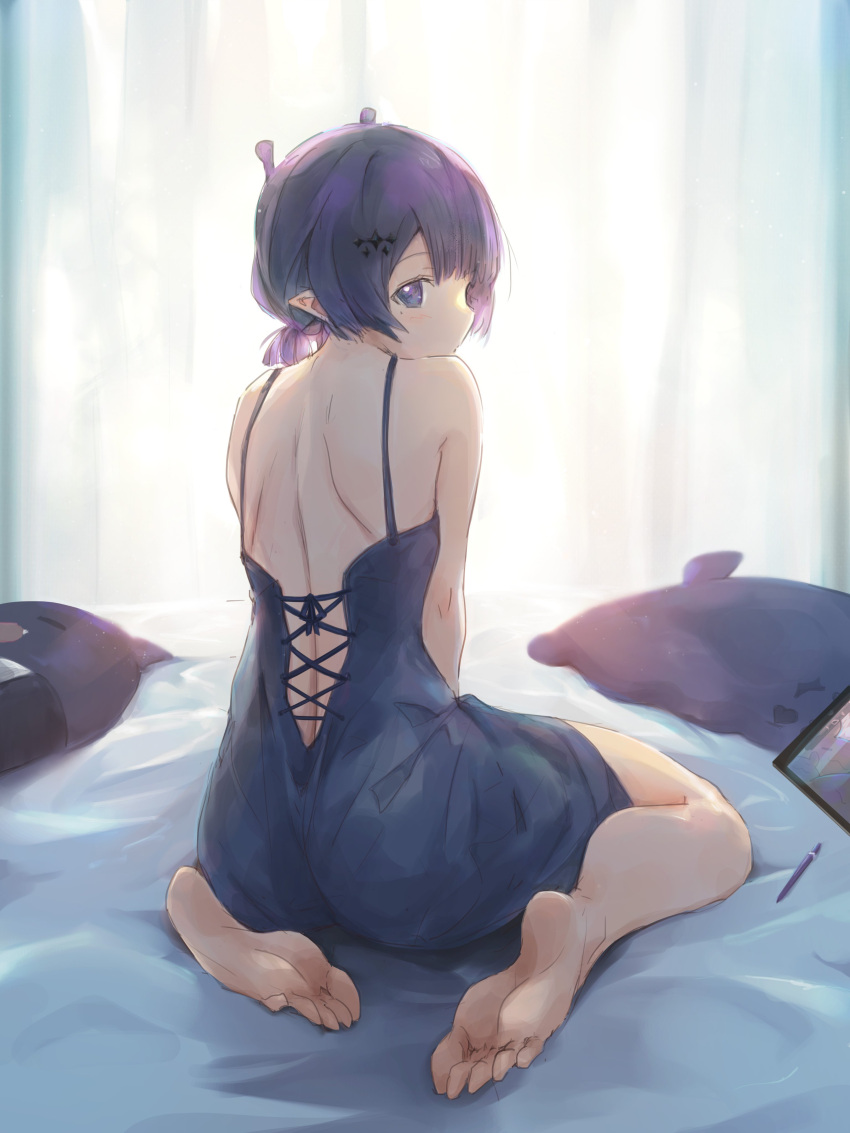 1girl absurdres ass back barefoot blue_dress blush character_doll curtains drawing_tablet dress extra_ears feet from_behind full_body highres hololive hololive_english indoors looking_at_viewer looking_back mole mole_under_eye ninomae_ina'nis on_bed parted_bangs pointy_ears purple_eyes purple_hair short_dress short_hair sitting sleeveless sleeveless_dress soles solo takodachi_(ninomae_ina'nis) tallgeese_(lgeesel) toes
