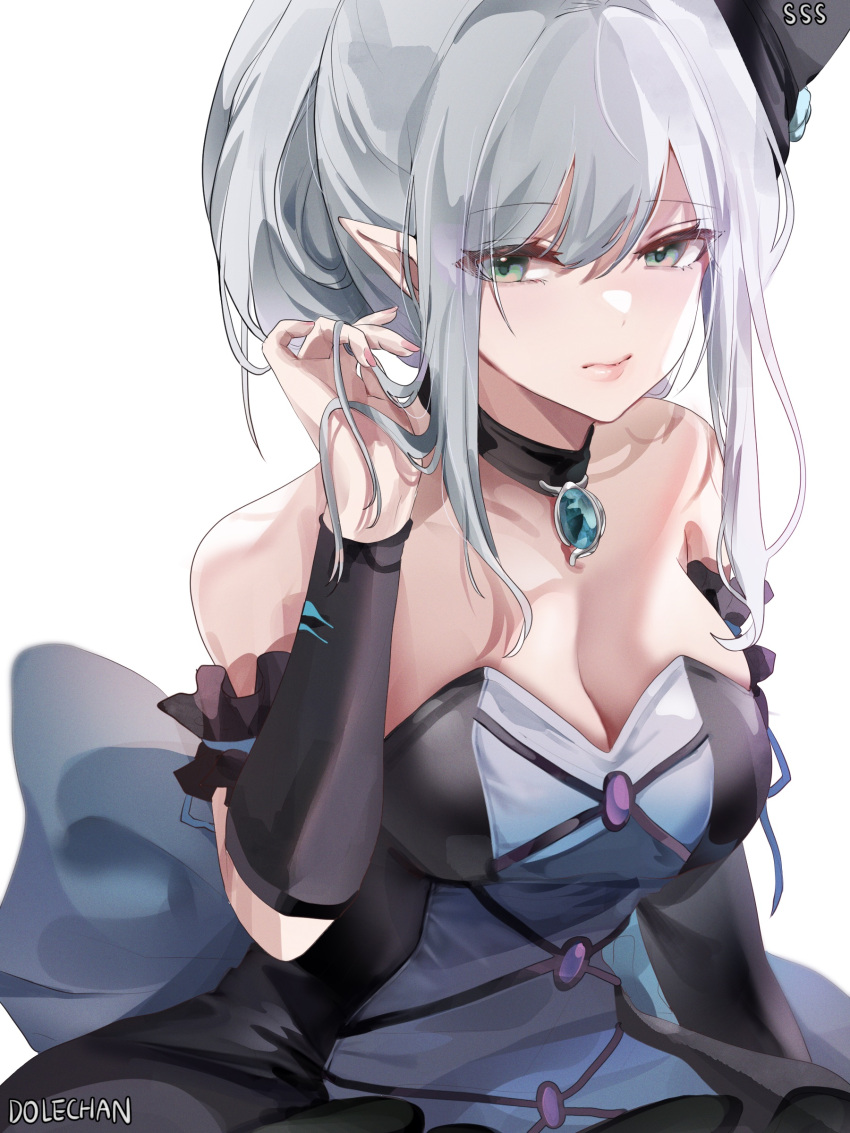 1girl absurdres arm_garter bare_shoulders black_choker character_request choker commentary copyright_request dolechan dress gem grey_eyes grey_hair hand_up highres long_hair looking_at_viewer pointy_ears simple_background solo strapless strapless_dress upper_body white_background