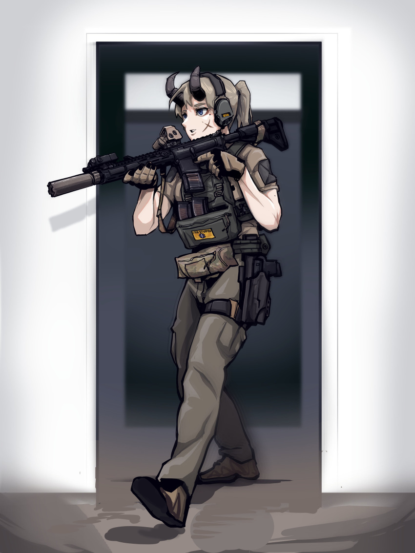 1girl absurdres assault_rifle blue_eyes boots demon_horns doorway epakim fanny_pack first_aid_kit gloves gun handgun headset highres horns looking_to_the_side m4_carbine military_uniform original ponytail rifle scar scar_on_face short_sleeves solo suppressor trigger_discipline uniform weapon