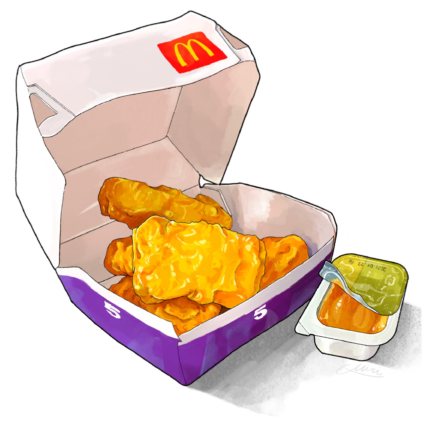 box chicken_(food) chicken_nuggets commentary fast_food food food_focus highres logo mcdonald's miri_illust no_humans original sauce sauce_packet white_background