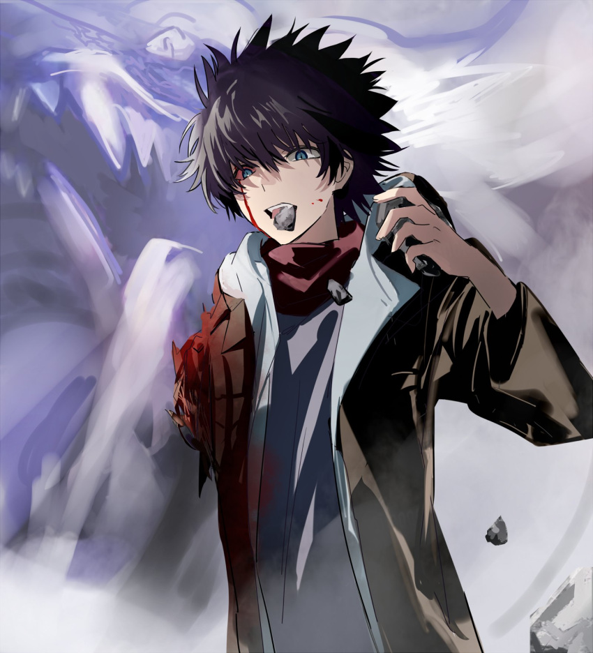 1boy amputee anninn_do_fu black_hair blood blood_from_eyes blood_on_face blue_eyes brown_jacket clothing_request colored_sclera commentary dragon dragon_king_(toaru) highres injury jacket kamijou_touma male_focus open_clothes open_jacket open_mouth red_scarf red_sclera scarf slit_pupils solo spiked_hair spoilers toaru_majutsu_no_index toaru_majutsu_no_index:_genesis_testament