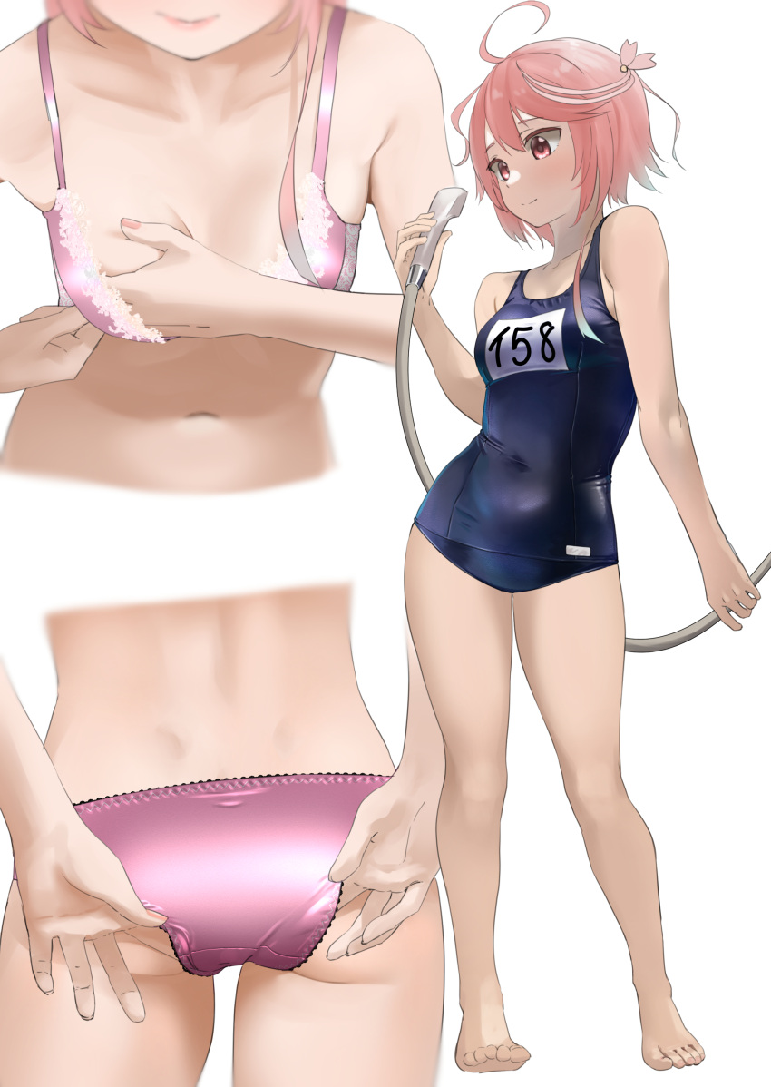 1girl absurdres adjusting_bra adjusting_clothes adjusting_panties ahoge ass blue_one-piece_swimsuit bra breasts commission covered_navel hair_ornament highres i-58_(kancolle) kantai_collection legs_apart name_tag navel one-piece_swimsuit panties pink_bra pink_eyes pink_hair pink_panties pixiv_commission school_swimsuit short_hair small_breasts swimsuit tama_(tamago) underwear